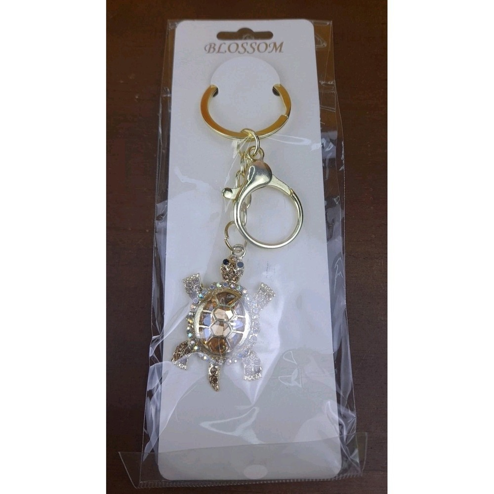 Turtle Gold Rhinestone Crystal Silver Tone Keychain Backpack Purse Clip - Picture 3 of 6